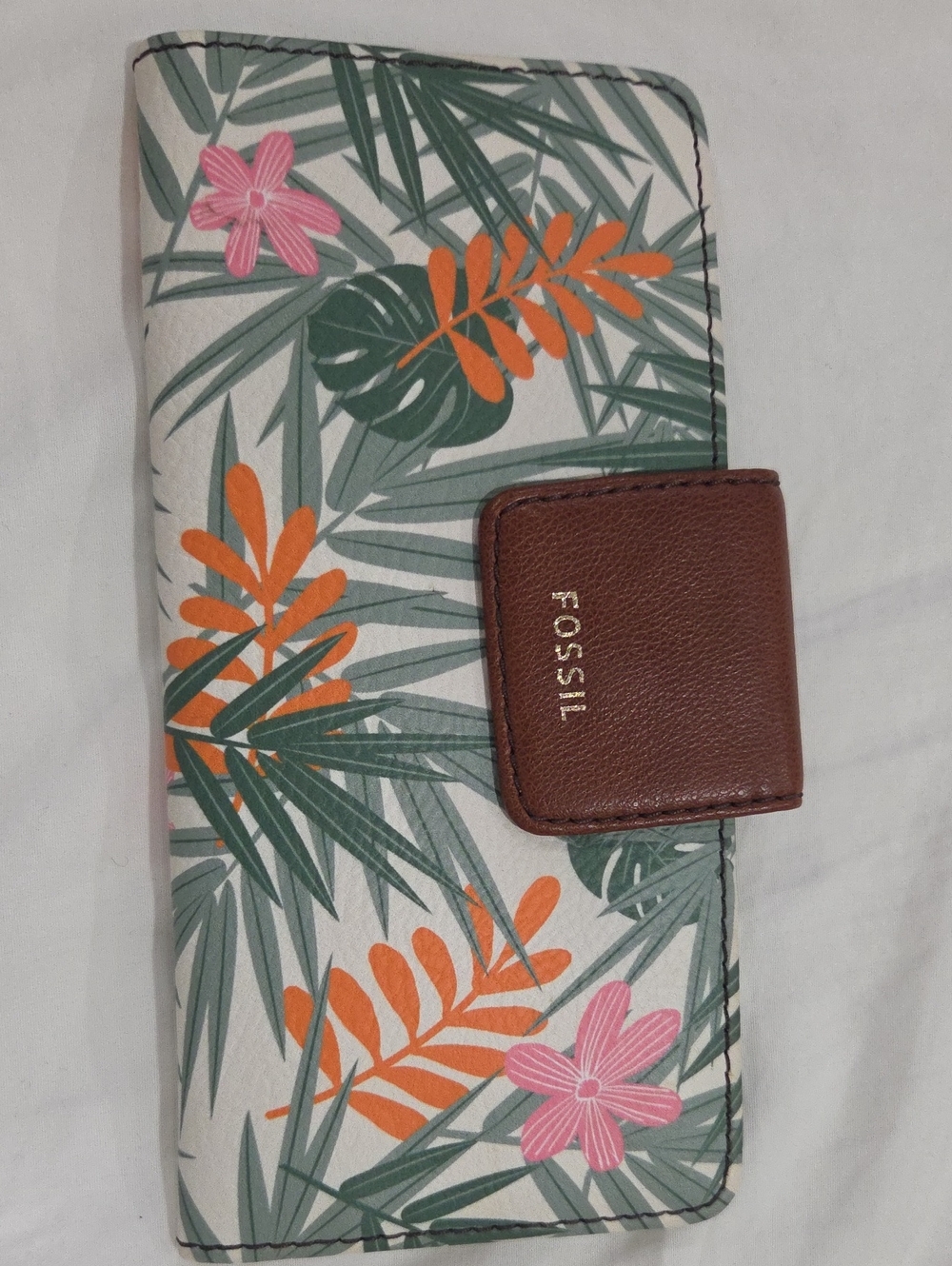 Fossil Floral Tropical Trifold Wallet in Brown, Green, Orange & Pink